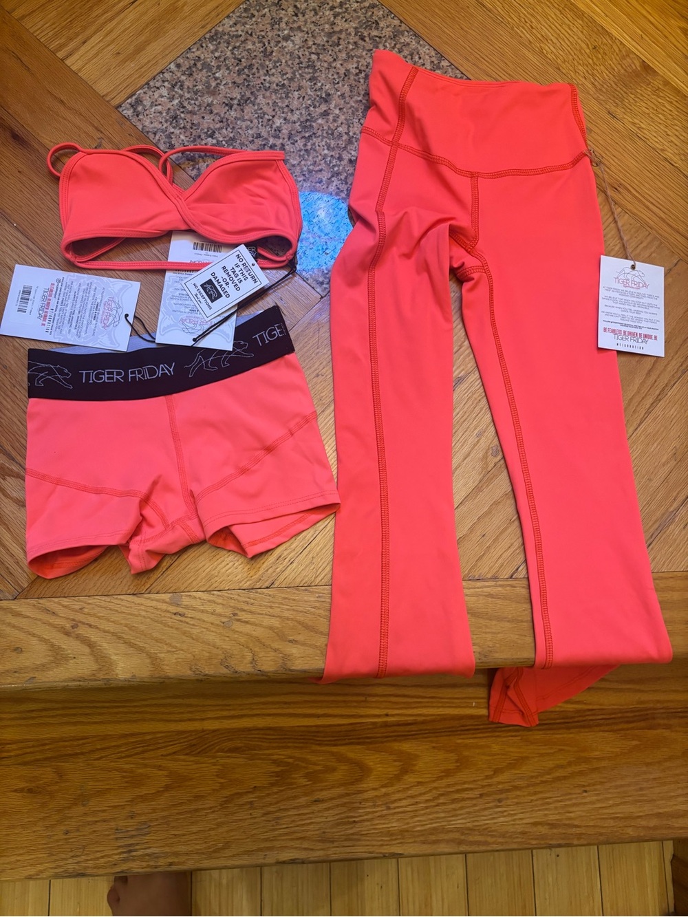 Tiger Friday Firebird 3 piece set NWT- Bra, flared Leggings & Shorts Set